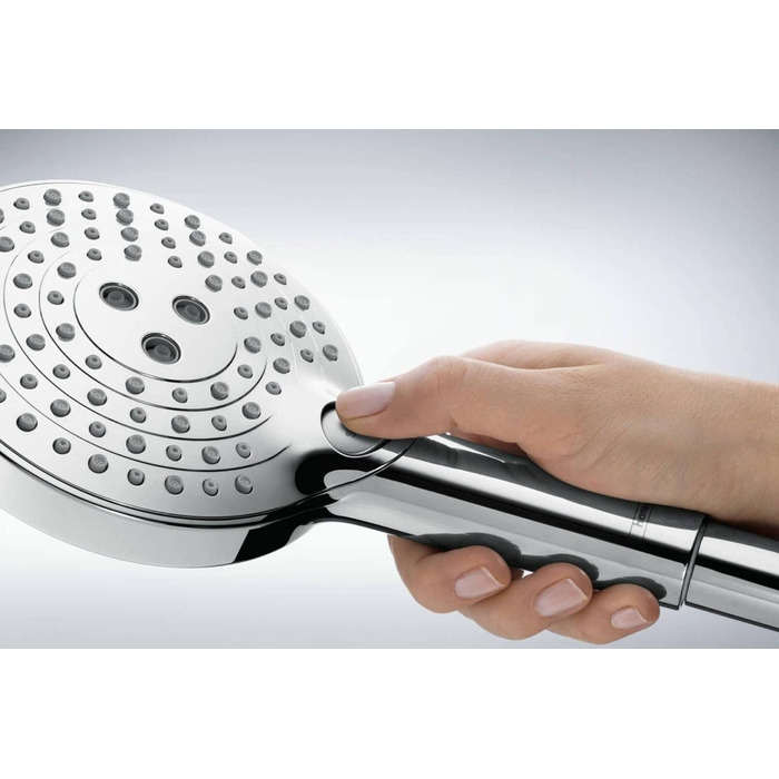 hansgrohe Raindance Select S - water-saving showerhead 9 l/min (EcoSmart), hand shower with 3 spray patterns, round shower head (⌀ 120 mm), water-saving showerhead with anti-limescale function, (showerhead incl. PowderRain + hose, Chrome, showerhead incl. PowderRain + hose)