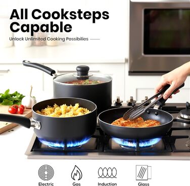 Набір посуду KICHLY 8 предметів з антипригарним покриттям для індукційних плит: каструлі 16, 18, 20 см з кришками, сковороди 20, 28 см