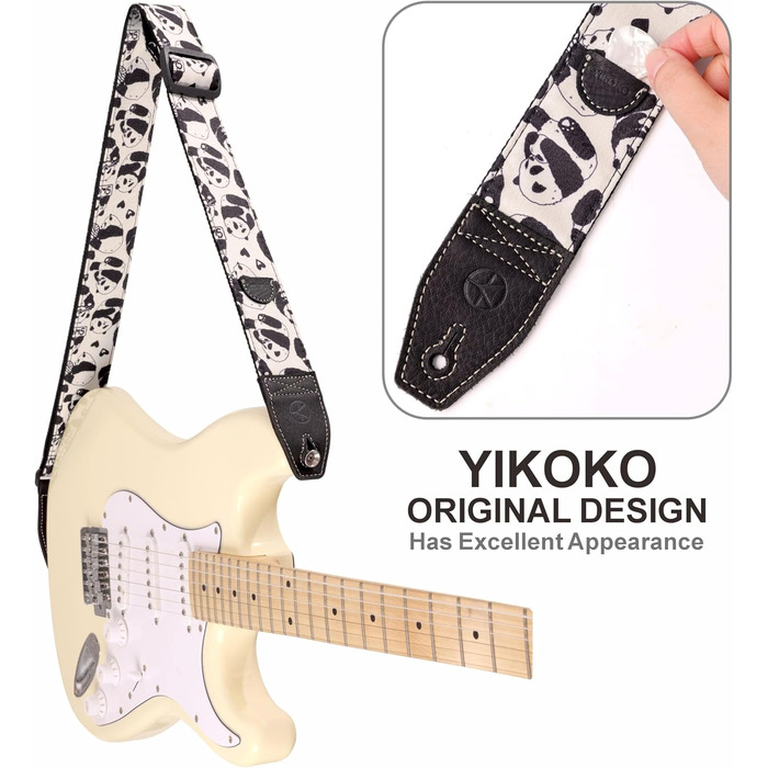 Гітарний ремінь 5,1 см з бавовняним друком, квітковий принт, з повним шкіряним кінцем, для бас-гітари, електро- та акустичної гітари, безкоштовний кріплення для ременя, фіксатори для ременя та медіатори. Жовті ромашки (Панда)