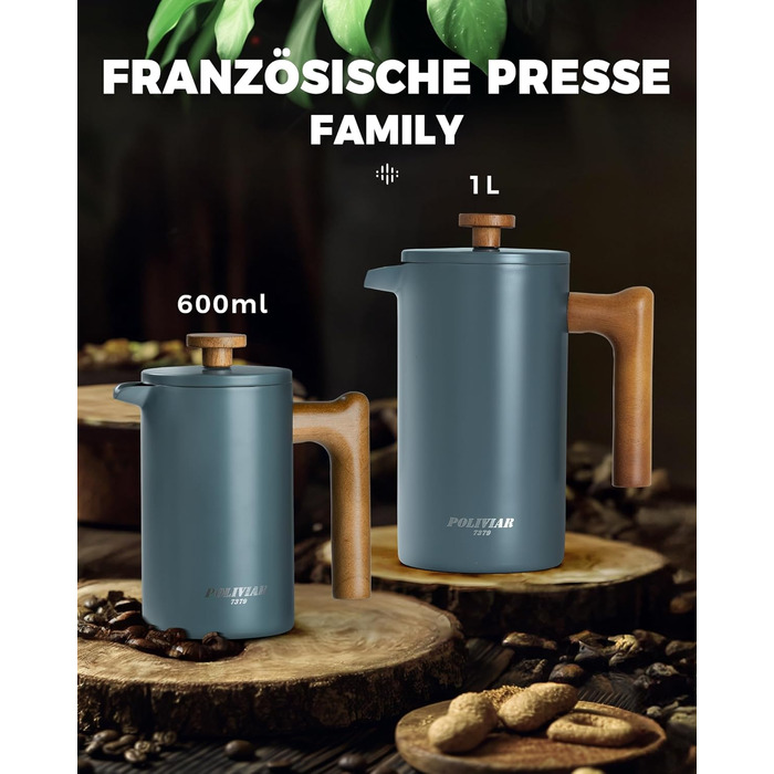 Poliviar French Press Coffee Maker 600 ml/21oz, Double-Walled Insulated Coffee Pot and Teapot, Manual Filter Coffee Press with Plunger & Wooden Handle, JX2024-SFPLN-DE 600ml Green - Cracked
