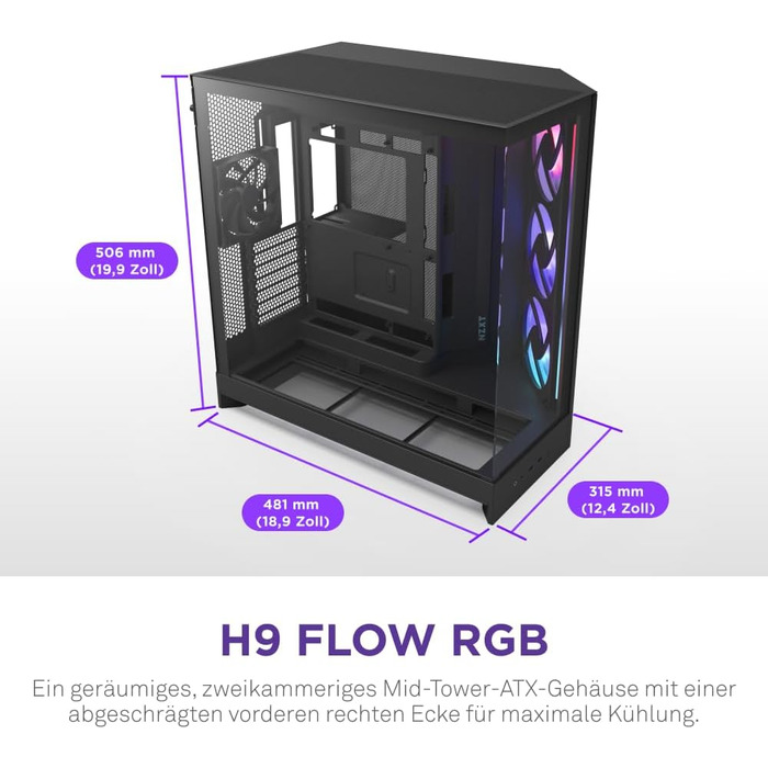 NZXT H9 Flow 2025 – великий корпус для ПК Mid-Tower з двома камерами, чорного кольору. Підтримка 3 x 140мм та 1 x 120мм вентиляторів, радіатор до 420мм, загартоване скло, готова підключення ззаду.
