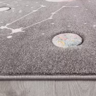 Paco Home Kids Rug, Play Rug for Children's Room with Planets and Stars, in Grey, Size: Ø 120 cm Round