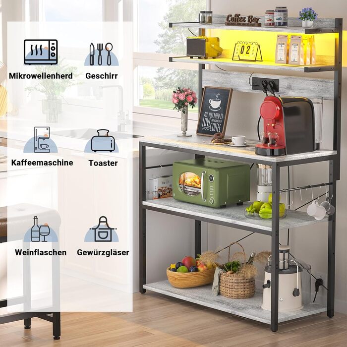 Кухонна полиця-стійка з розеткою, підставка для мікрохвильовки, 5-рівнева кавобар з LED-підсвічуванням, полиця для спецій, каструль та сковорідки (80см, Білий дуб)