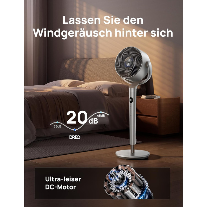 Вентилятор підлоговий Dreo з Wi-Fi та LED, 102 см, 8 швидкостей, 3 режими, 1200 м³/год, срібний