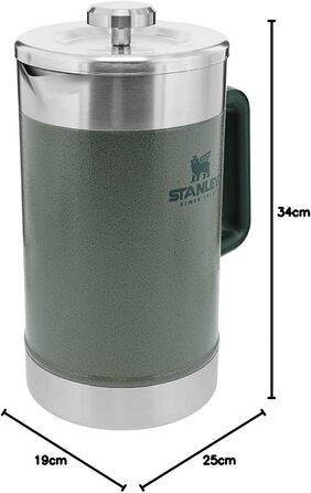 Stanley Classic Stay Hot French Press 1.4L Hammertone Green - Keeps drinks hot for 4 hours - Minimal sediment - Integrated stainless steel coffee press - BPA-free - Dishwasher safe