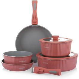 Набір каструль Kasanova Eaziclip 9 шт. з керамічним покриттям, індукційні, знімні ручки, антипригарні, рожевий