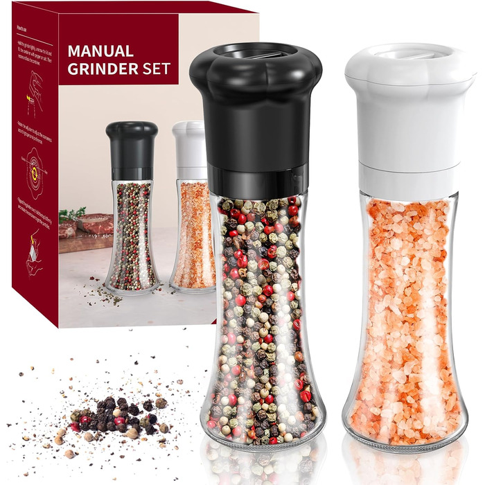 Набір ручних мельниць для солі та перцю CIRCLE JOY - ідеальний вибір для професійних кухарів. Мельниці з керамічними лезами, регульована ступінь подрібнення, скляні контейнери 180 мл, BPA-free, чорно-білий дизайн.