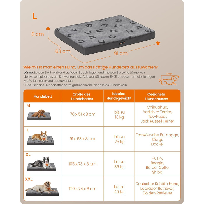 Крізь для собак Feandrea, м'яке ліжко для собак, знімний килимок, водонепроникне, 76 x 51 x 8 см, розмір M, для маленьких та мініатюрних собак, Taubengrau PGW241G01 (L (91 x 63 x 8 см))