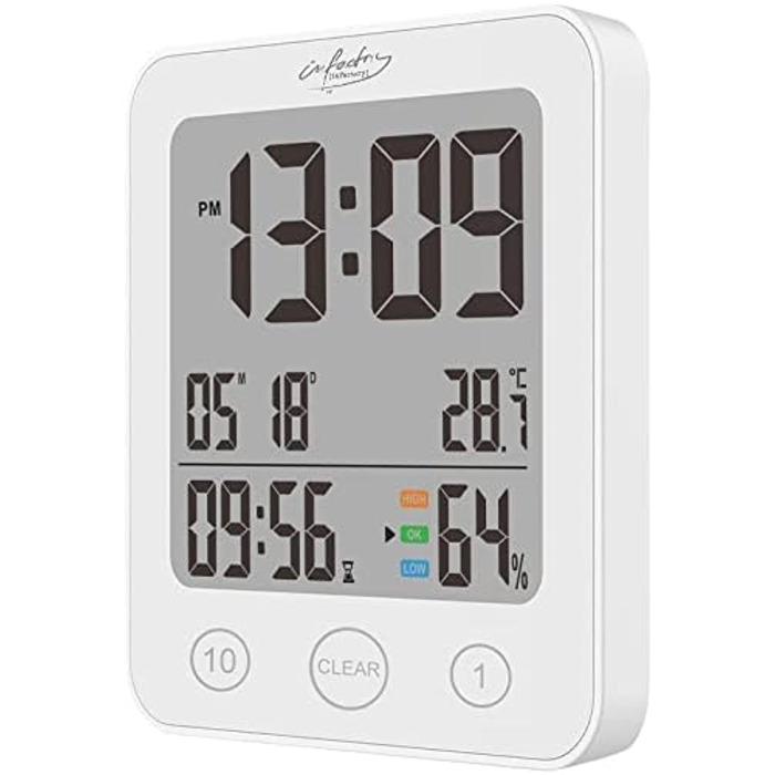 infactory Bathroom Radio Clock: Digital Bathroom Radio Wall Clock with Thermometer, Aluminum, Suction Cups, IP24 (Bathroom Radio Clock Digital, Clock, Gift Ideas) (1 piece, square)