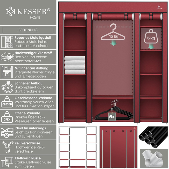 KESSER® Wardrobe Clothes Rack Stable with Clothes Rail & Shelves, Incl. 5x Clothes Hangers, Fabric Folding Wardrobe for Bedroom, Dressing Room, Clothes Rack 150x45x175cm (Burgundy Red)