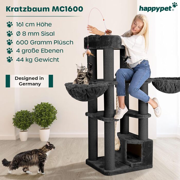 HAPPYPET Дряпка для котів 'Оскар' - преміум дряпка для великих котів, 161 см, 47 кг, товсті стовпи (12 см), антрацит