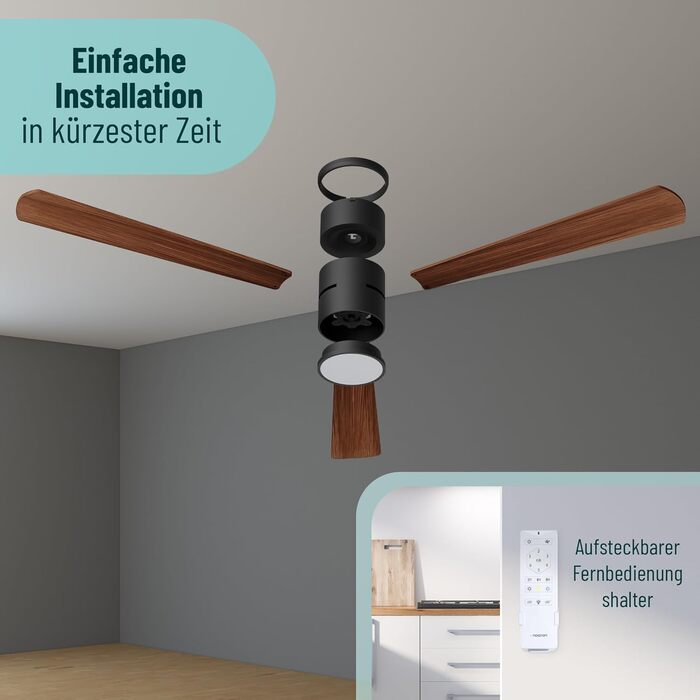 Стеляний вентилятор Noaton® Fornax Weiß з підсвічуванням, діаметр 132 см, DC мотор 40 Вт, регульоване LED-освітлення 22 Вт, 3 колірні температури, пульт дистанційного керування, таймер, продуктивність повітря до 185 м³/хв (Zoya BD)