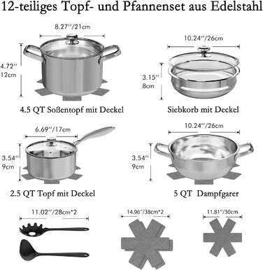 Набір каструль Induktion 12-частинний з нержавіючої сталі з тришасим дном, включає пароварку, 3 захисні диски для сковорідок та кухонне приладдя, безпечний у духовці до 250°C та придатний для миття в посудомийній машині, для всіх типів плит