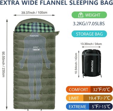 Спальний мішок Poepore Outdoor Winter для дорослих, Extra Wide, 3-4 сезони, XXL, теплий бавовняний фліс, 230*100см, 0°C