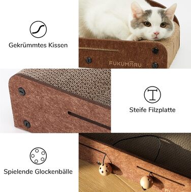 Cat Scratch Board, 66CM Durable Scratch Cardboard and Felt, Large Lounger, 2 Reversible Cat Scratch Pads for Cats, Recyclable Cardboard Cat Bed with Bell Ball Toy, Caramel Color (Medium Size)