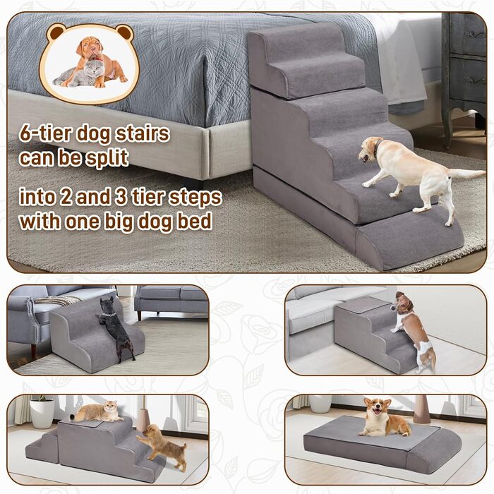 Сходинки для собак LitaiL з 6 сходинками, сірі. Підходять для високих ліжок, 63.5–76.2 см. Безпечні, з антиковзким покриттям. Ідеально для маленьких та великих собак.