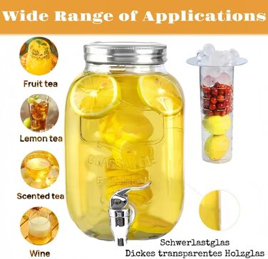 2 x 4L Glass Drink Dispensers with Stand, Drink Dispenser, Glass Water Juice Dispenser with Spout for Iced Juices, Water, Homemade Drinks, Parties, Weddings