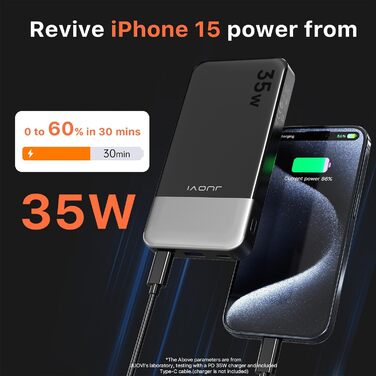 Power Bank JUOVI 10000mAh, 35W: Швидка зарядка, 3 виходи, 2 входи, PD3.0, QC 4.0, цифровий дисплей, чорний