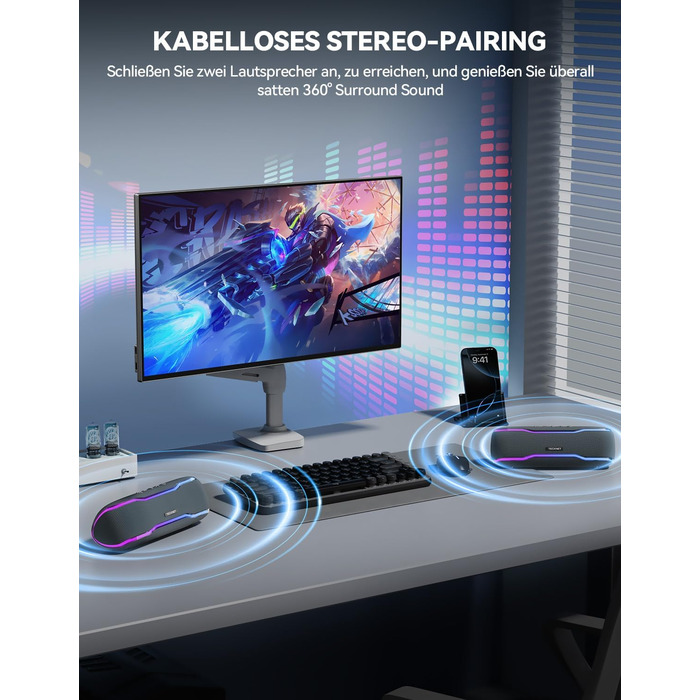 TECKNET Bluetooth колонка з підсвіткою, IPX7, 30W, чорна - портативна бездротова колонка Bluetooth 5.3 для вечірок, подорожей