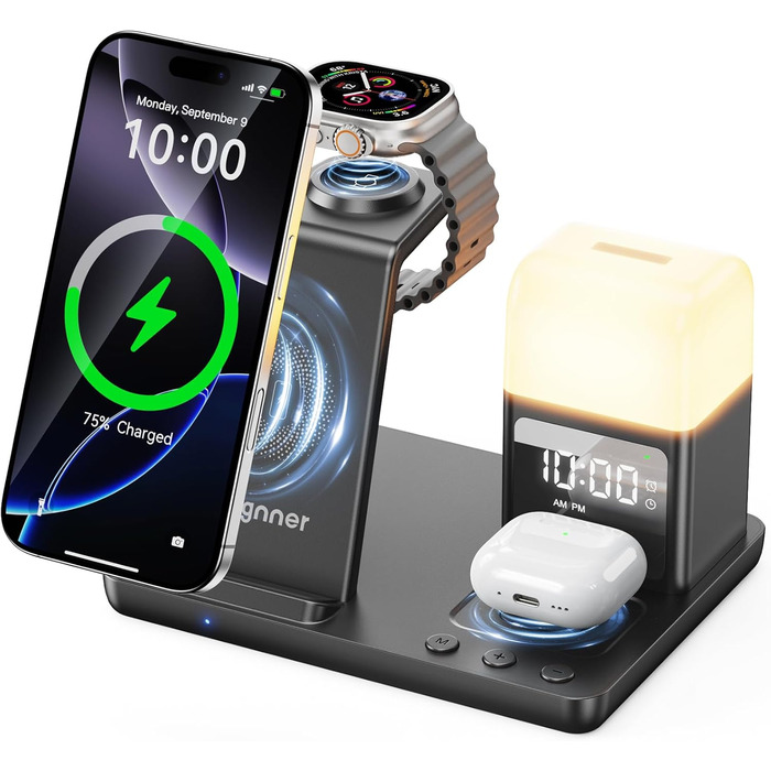 Бездротова зарядка для iPhone 17/16/15/14/13/12, 6-в-1 з нічною лампою та будильником, сумісна з Apple Watch та AirPods (Білий/Чорний)