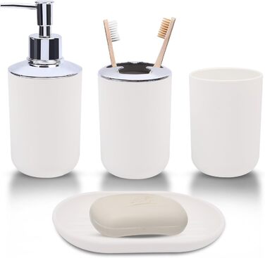 Набір аксесуарів для ванної кімнати (4 шт) з пластику: тримач для зубних щіток, стаканчик, дозатор мила, мильниця. Білий колір