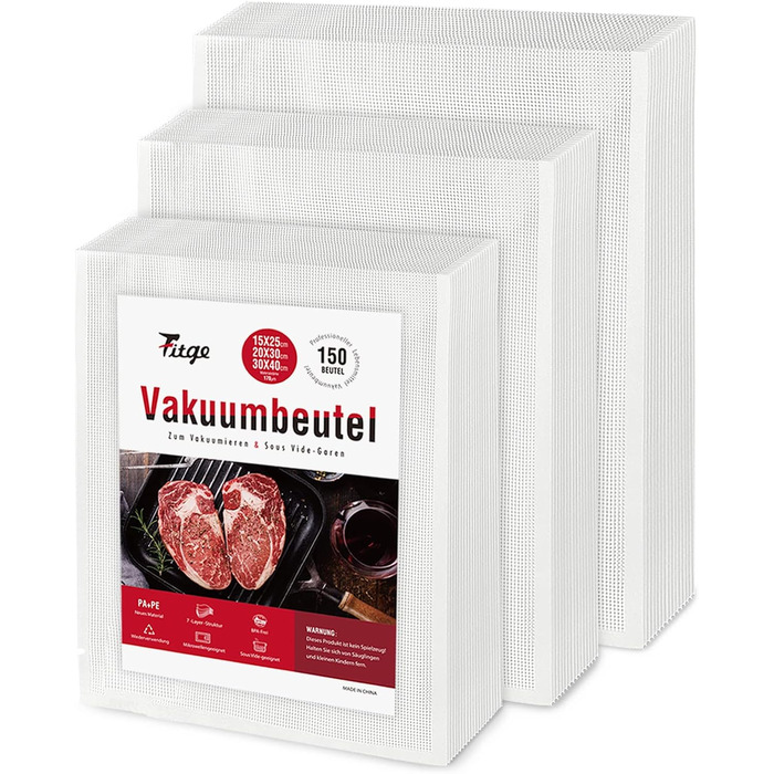 Fitge Vacuum Bags 170µm 15x25cm + 20x30cm + 30x40cm 150 Bags for all vacuum sealers Vacuum bags for food BPA-free, strong & tear-resistant Pro vacuum film Sous Vide freezer bags