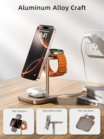 Станція зарядки LULULOOK Qi2 MagSafe 3 в 1 з алюмінію для Apple Watch та iPhone з підтримкою швидкої зарядки 15W (для iPhone 17 Pro Max/17 Pro/17 Air/17) та 5W (для Apple Watch Ultra, AirPods), титан