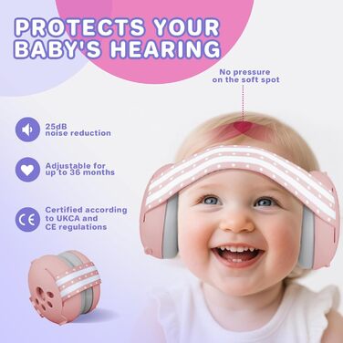 Навушники для захисту слуху дитини 0-36 місяців, 25 dB, рожеві. Безпечний та заспокійливий захист від шуму, ідеально для подорожей та сну.