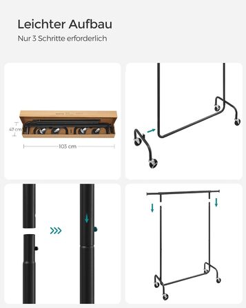SONGMICS Clothes Rack with Wheels, Clothes Rail, Heavy-Duty, Extendable Clothes Rod, Load Capacity up to 110 kg, 45 x (160-200) x 162.9 cm, Metal, Chrome, HSR176E01 ((110-150)B cm, Matte Black)