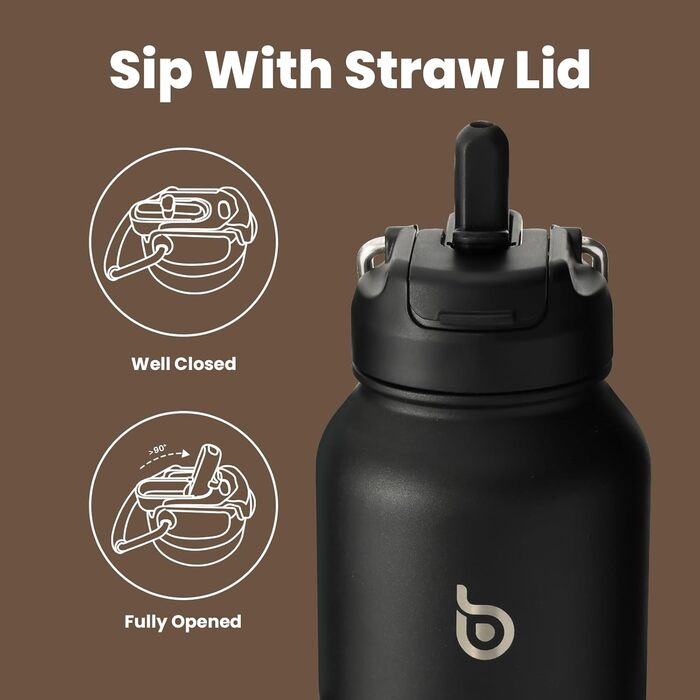 BOTTLE BOTTLE Insulated Water Bottle with Straw, Sport Stainless Steel Water Bottle with Grip Lid, Outdoor Sports Bottle for Pills, 1L (Black)