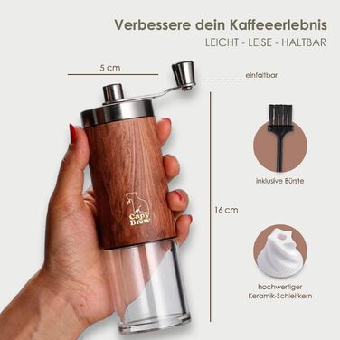 Ручний кавомол Capy Brew з керамічним жорном і складаною ручкою, для мелення кавових зерен (French Press, Moka, еспресо), легкий, тихий, довговічний, нековзкий корпус під дерево