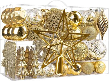 100 шт. Новорічні кулі SHareconn: набір пластикових, безпечних, різних розмірів та кольорів, для прикраси ялинки (внутрішнє та зовнішнє використання), золоті