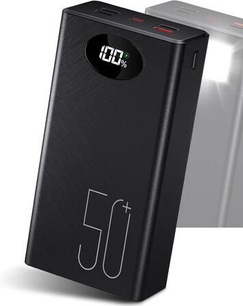 Портативний повербанк 50000 мАг з 5 виходами та 2 входами, швидка зарядка 22,5 Вт, ліхтарик, чорний