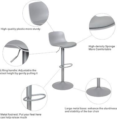 YOUNIKE Adjustable Bar Stools 2-Pack - Kitchen Bar Chairs with Backrest, Faux Leather, Grey