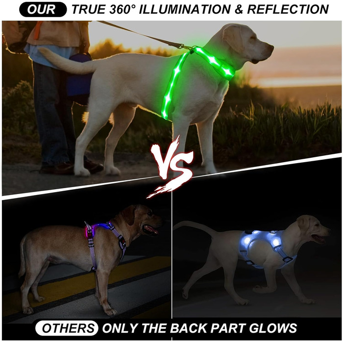 Світлодіодне обіднє повіддя для собак, світловідбиваючий, м'який, регульований, перезаряджуваний (зелений, середній)
