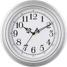 Plumeet Extra Large Classic Wall Clock - Quiet - Wall Clock without Ticking Sounds for Living Room - Bedroom - Battery Powered (Arabic Numerals) (30cm, Silver)