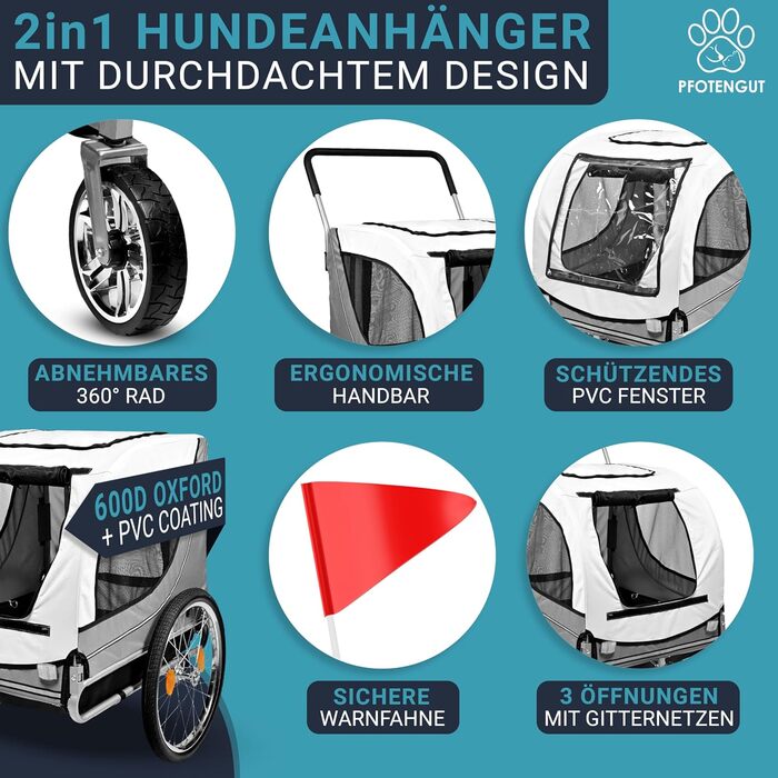 2-в-1: велосипедний причіп та візок для собак - для малих та великих собак до 40 кг. З безпечним ременем, відбивачами, дощем та прапором.