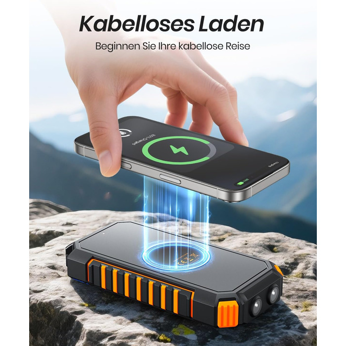 Power Bank ADDTOP 20000mAh сонячна бездротова з USB-C, швидка зарядка 3.0A, ліхтарик для кемпінгу, помаранчевий
