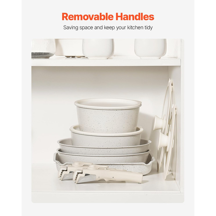 Каструля VEVOR з кришкою з термостійкого скла, антипригарна, індукційна, для кухні кемпера, приготування соусів та смаження (біла, зі знімною ручкою)