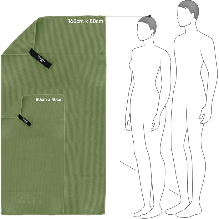 Набір рушників Pameil з мікрофібри (2 шт.): великий (160x80 см) та маленький (80x40 см), компактні та швидковисихаючі, для спорту, подорожей, пляжу (армійний зелений)