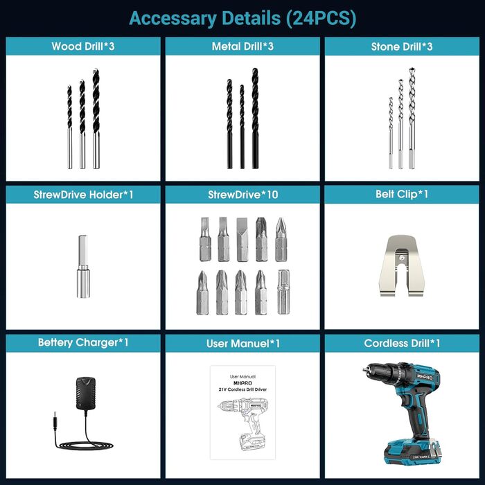 Акумуляторний шуруповерт MHPRO 21V з 2 акумуляторами 2.0Ah, 42Nm, 2 швидкості, 25+3 ступені крутного моменту, патрон 10 мм, LED-ліхтар, 14-ти елементний набір аксесуарів для дому, саду та DIY проектів (Блакитний 21V-1Akku)