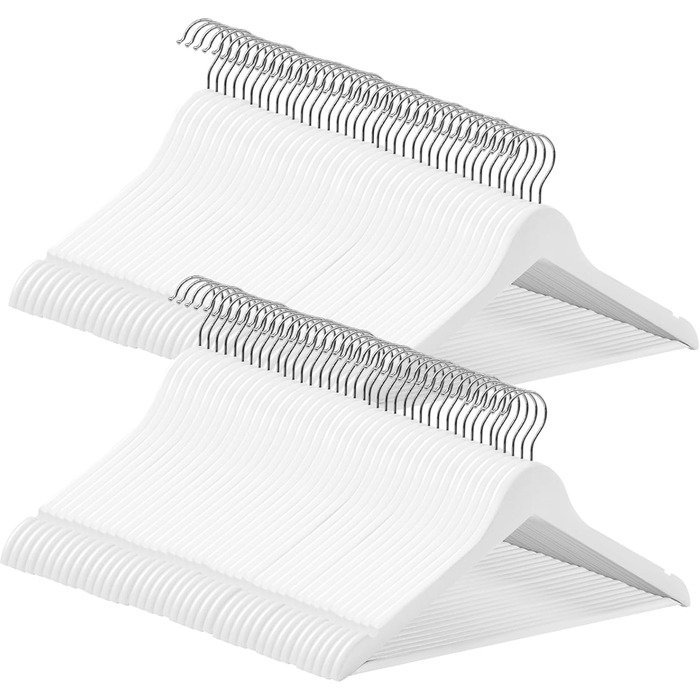 ABHENG Clothes Hangers Wood 80 Pieces, Wooden Hangers with Non-Slip Trouser Bar and 360° Swivel Hook, Shoulder Indentations, Made from Natural Wood, 44.5W x 23H cm, White + Silver, AWY0380W
