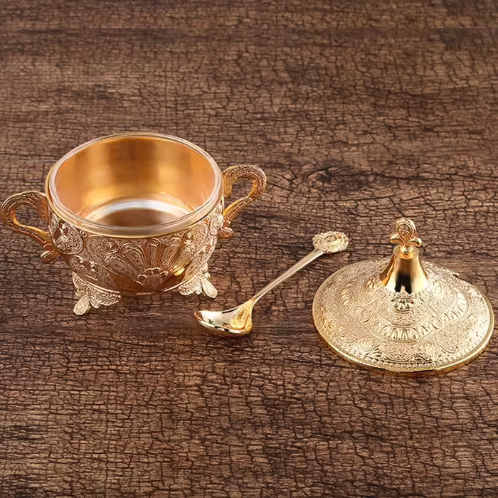 Candy jar, sugar bowl with lid and spoon, spice jar made of carved iron glass, metal spice pot - silver - 13x14.5cm