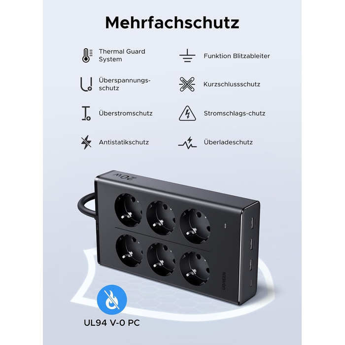 Мережевий фільтр UGREEN 10-в-1 з USB, подовжувач з 20W швидкою зарядкою USB-C, захист від перенапруги, 3680 Вт, кабель 1.5 м, для офісу та дому