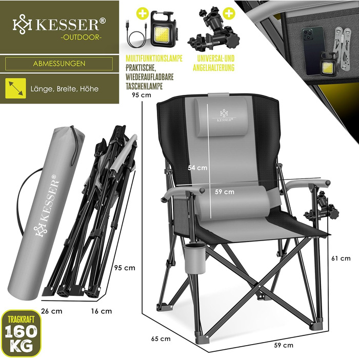Кресlo для кемпінгу KESSER® з високою спинкою, 160 кг | Стільчик для риболовлі, з підлокітниками, кишенькою для напоїв та світлом | Сірий/Чорний