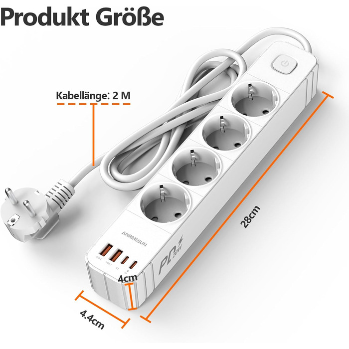 Мережевий фільтр 4 розетки з 2 USB-A та 2 USB-C (PD20W), захист від перенапруги, вимикач, 2м кабель, для дому/офісу, білий