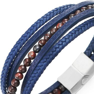 Браслет чоловічий COOLSTEELANDBEYOND з магнітним замком, шкіряний плетіння, з камінням, синій/коричневий