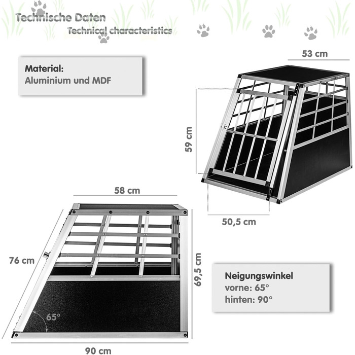 Кія для собак з прямою задньою стінкою, 2 двері, роздільник, розмір на вибір, розмір 89x69x50 см (L 65x90x69,5 см)