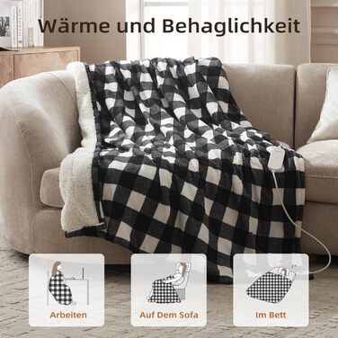 Електрична ковдра з підігрівом 130x180 см з таймером та захистом від перегріву. 9 рівнів нагріву, функція пам'яті. Для спальні, офісу. Чорно-білий візерунок.