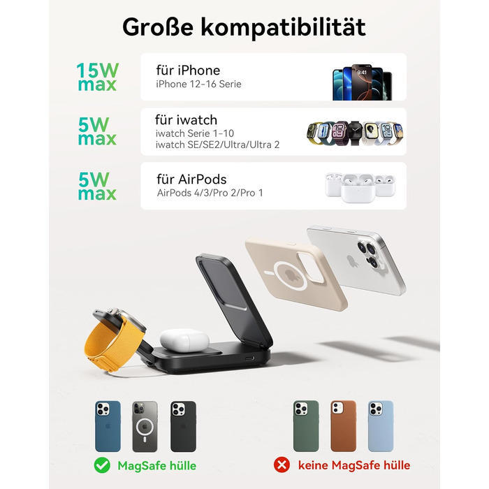 Станція зарядки INIU для iPhone 3 в 1, 15W, Qi2, магнітна, складна, MagSafe, для Apple Watch, iPhone 17/16/15/14/13/12, AirPods (з адаптером), чорна